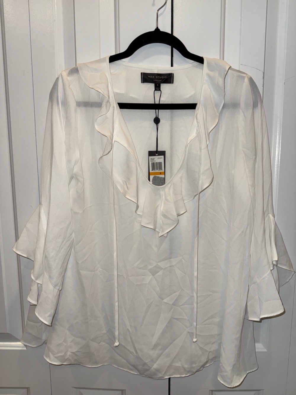 Max Studio Cream Ruffle V-Neck Tie Blouse